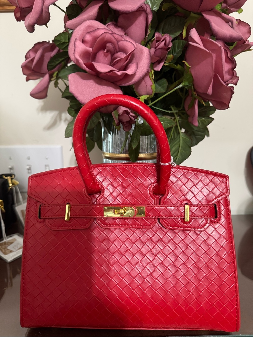 Red Woven Leather Top-Handle Bag with Gold Hardware